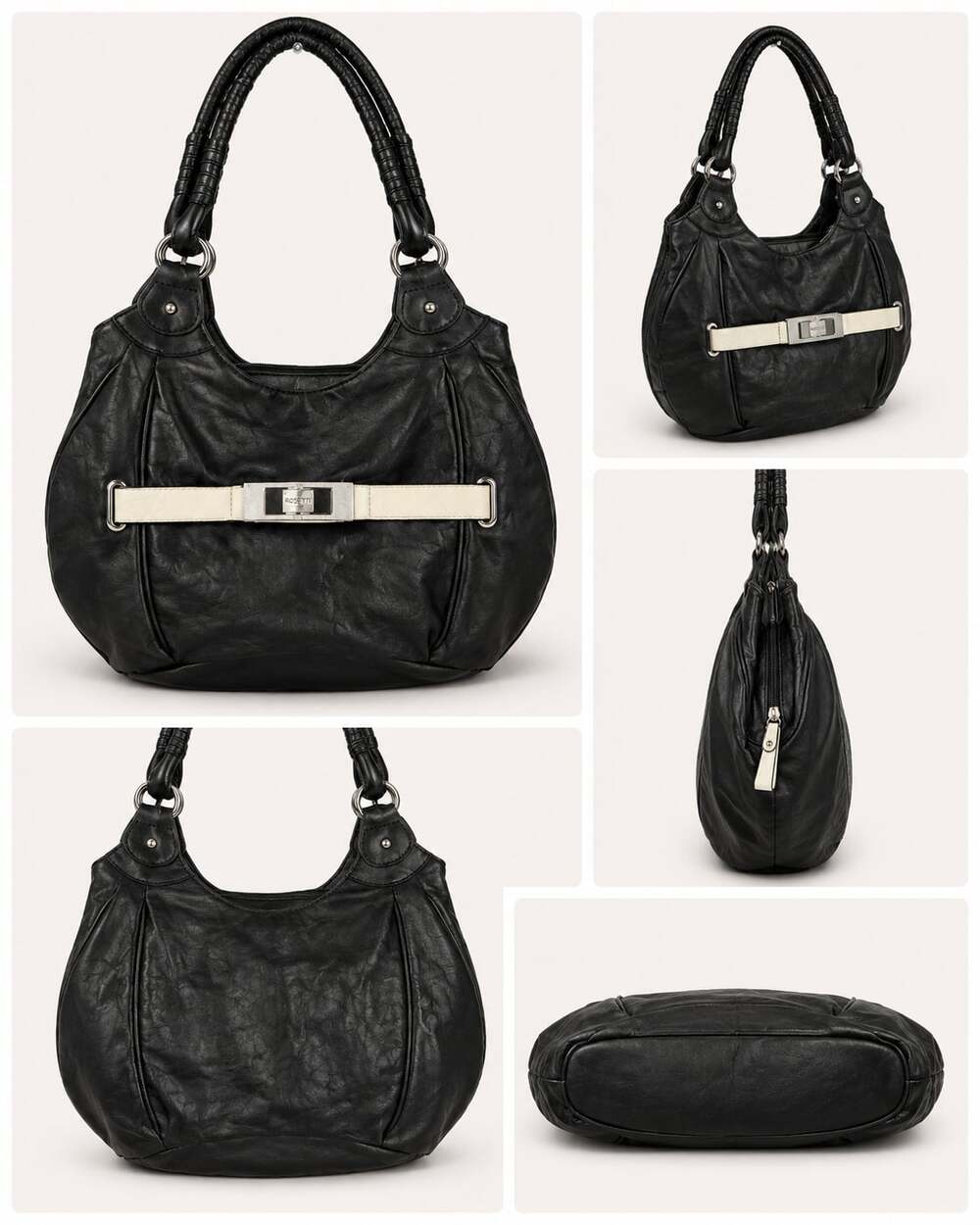 Rosetti Black Faux Leather Hobo Shoulder Bag with Cream Belt Detail